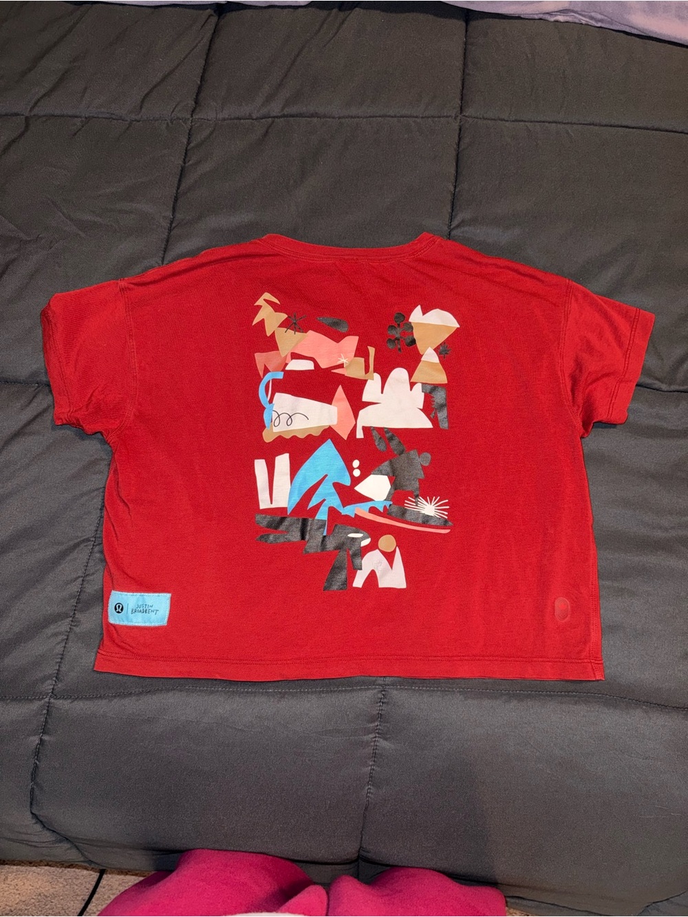 lululemon athletica Red Crop Tee with Abstract Multicolor Back Graphic